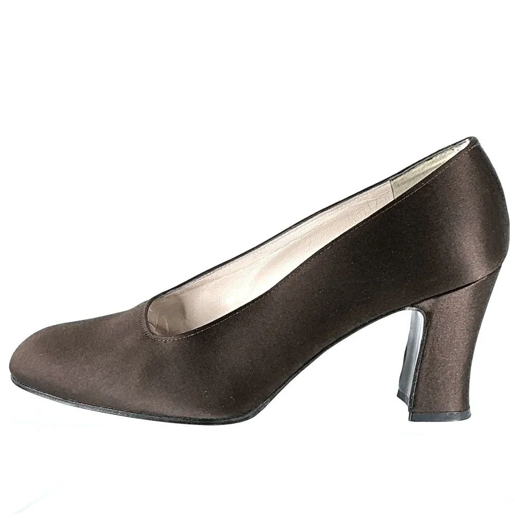 Stuart Weitzman Size 6.5 Brown Satin Square Toe Block Heel Pumps